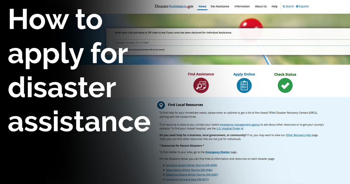 FEMA webpage showing where to apply for disaster assistance