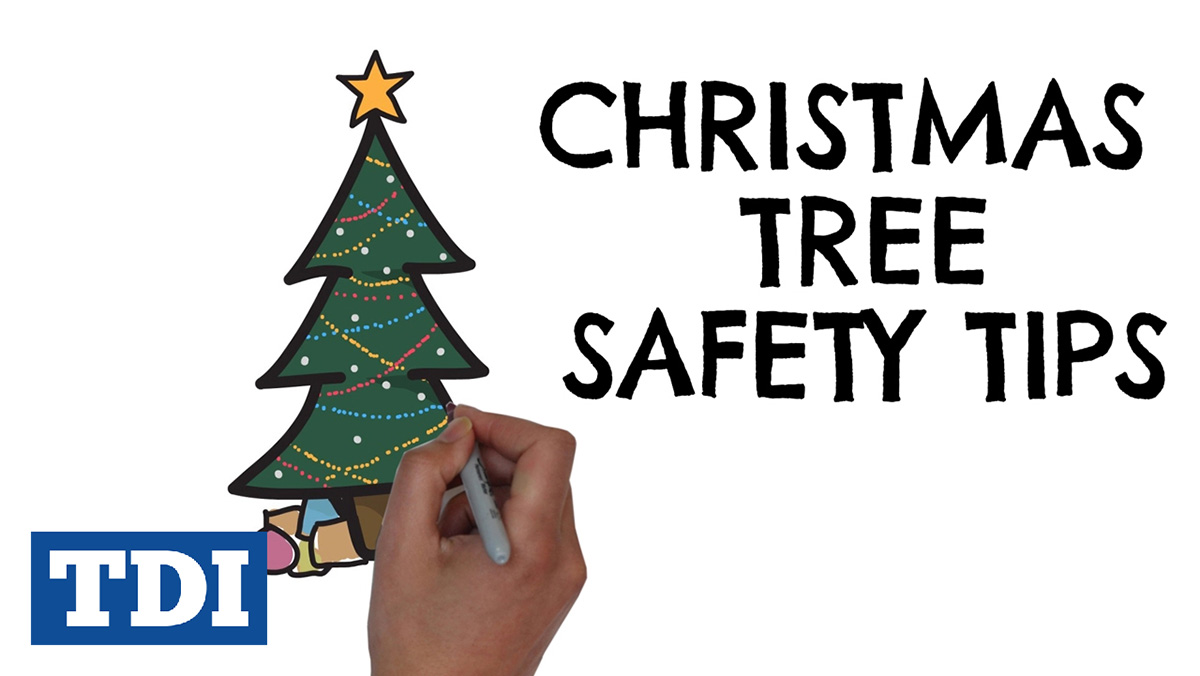 Text on image: Christmas tree safety tips