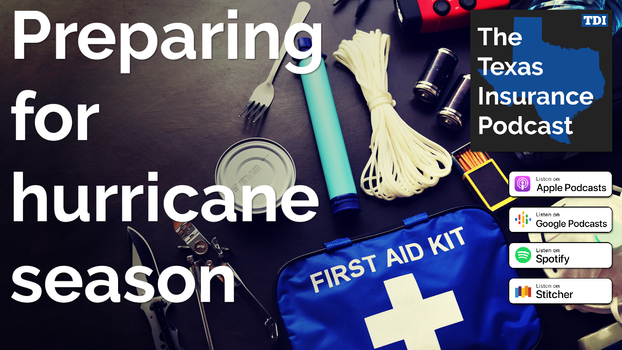 A picture of emergency supplies with the podcast title, Preparing for hurricane season.