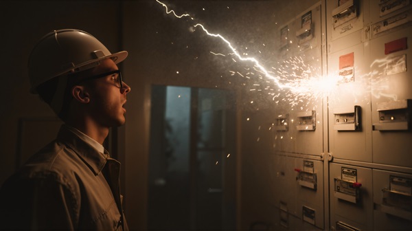 Arc flash on a panel surprises a worker in a hard 