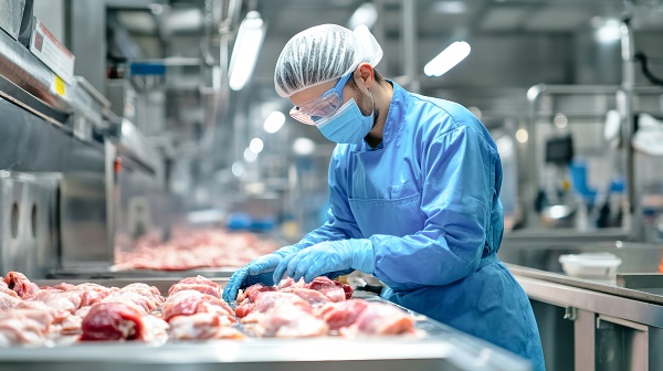 Poultry plant worker inspecting meat