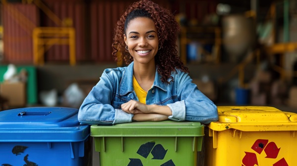 Young woman with recycling bins